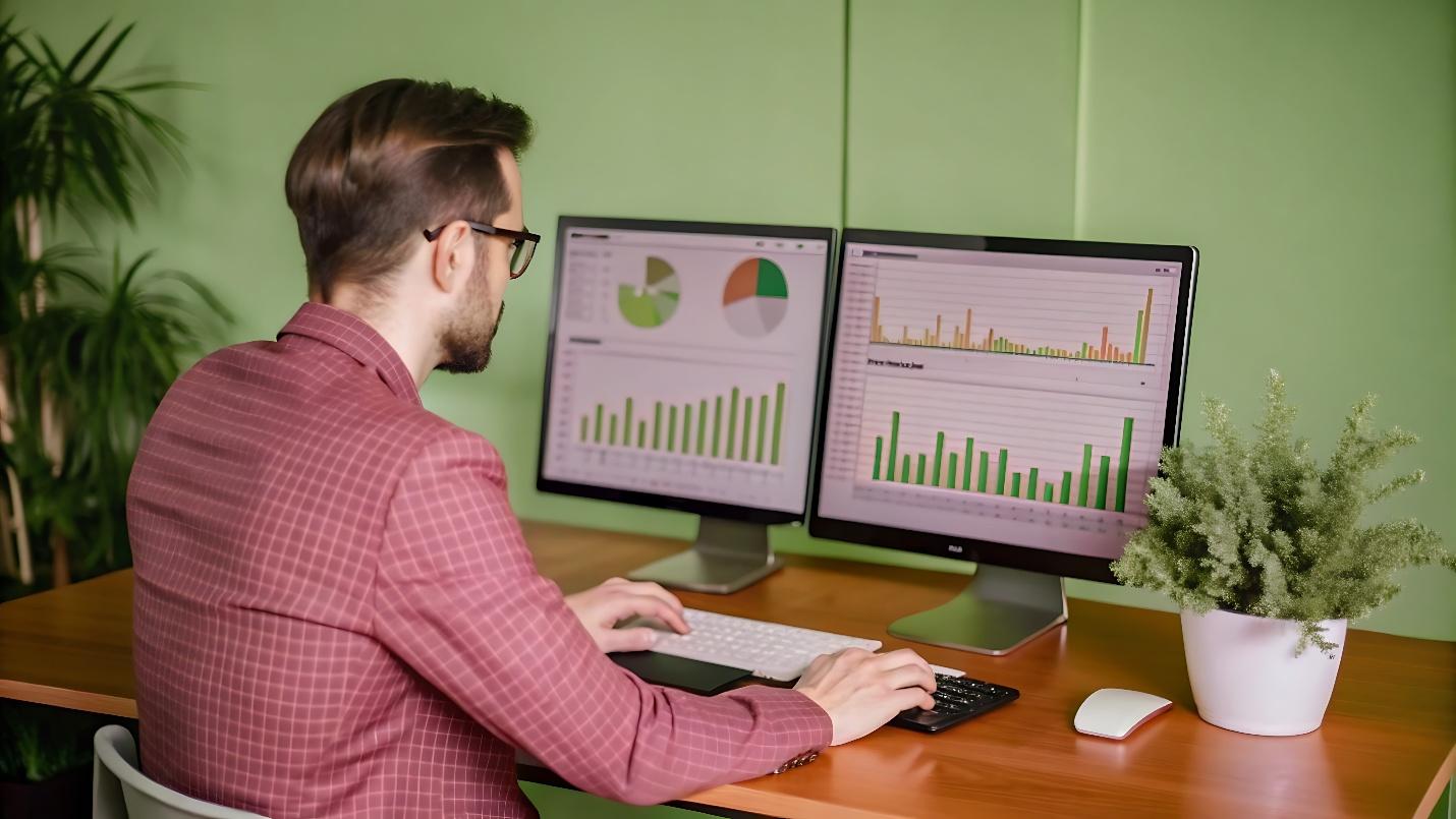 Specialist analizeaza un dashboard cu indicatori de vizibilitate AI si trafic organic