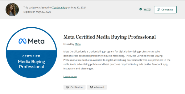 Teodora Pop, certificare Facebook Blueprint, specialist PPC HOLD Marketing